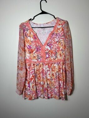 Torrid Super Soft Top Women Sz 0 Orange Floral Tunic Shirt V Neck Plus Size